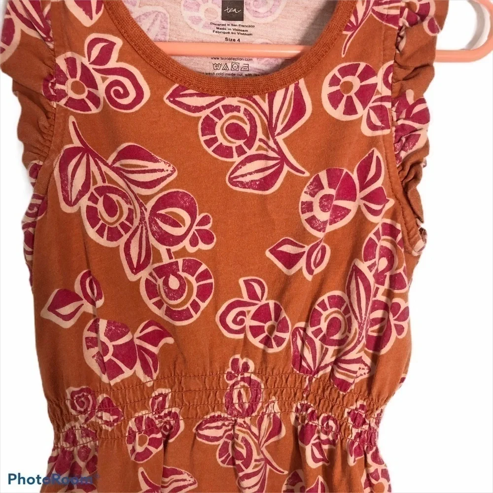 Tea Collection Orange Floral Print Dress Sz 4 Girl